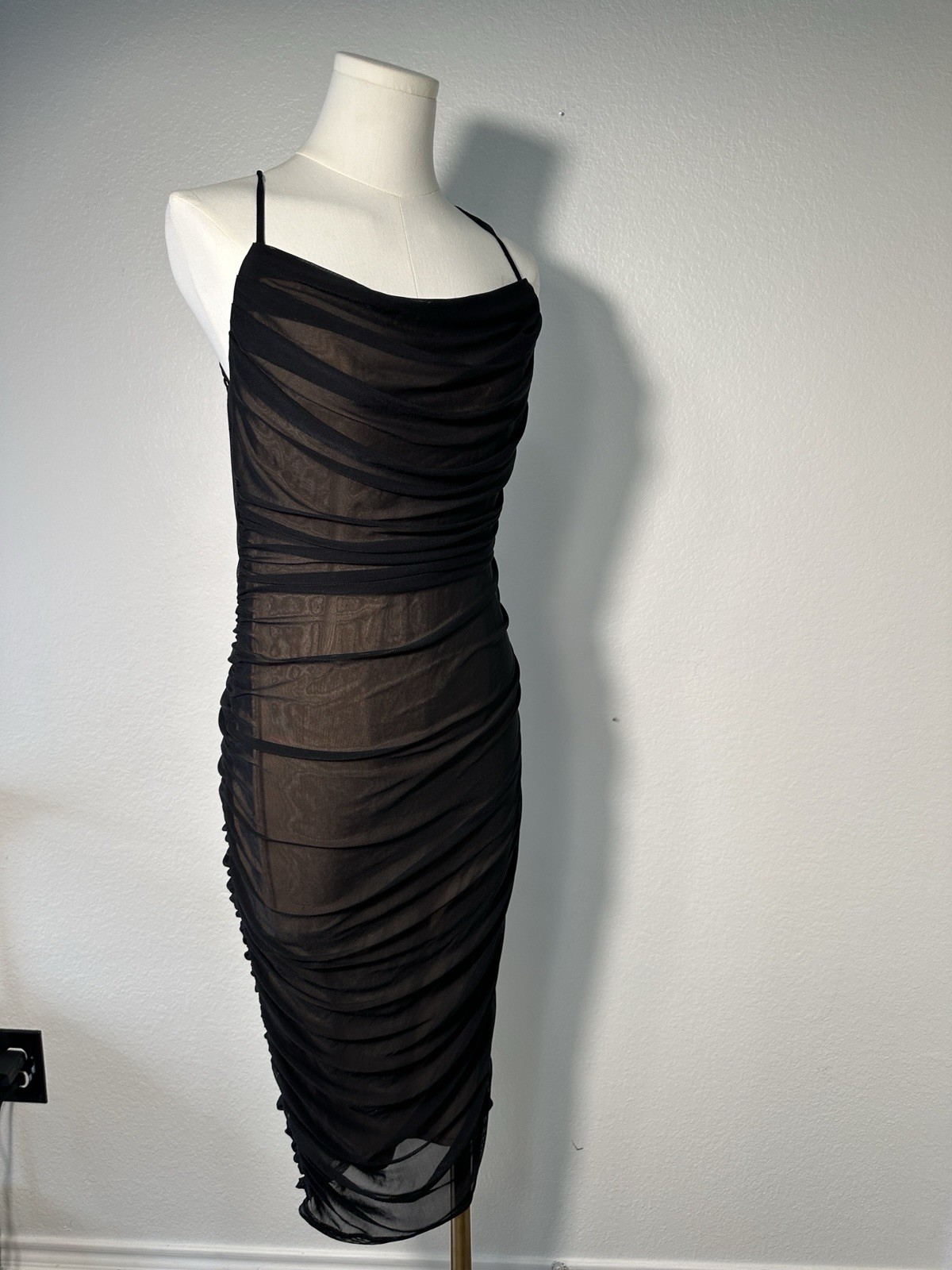Day & Night Black Ruched Mesh Midi Dress Sheer Bodycon Spaghetti Strap L