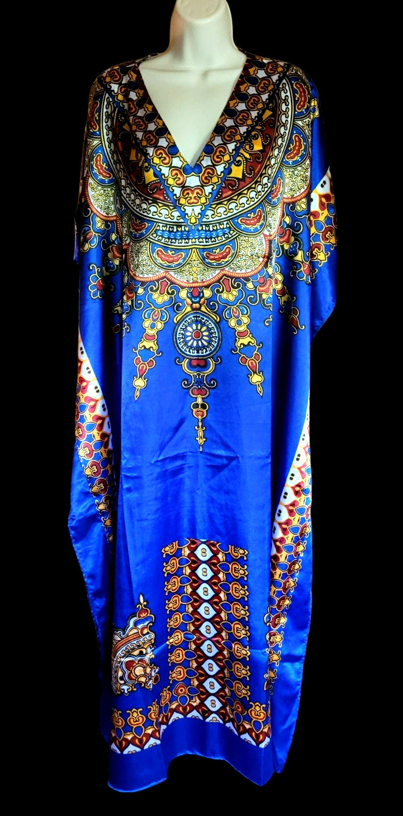 Beautiful Ashro V Neck Caftan Reds Blues, Golds Ethnic Design One Size Fits Most