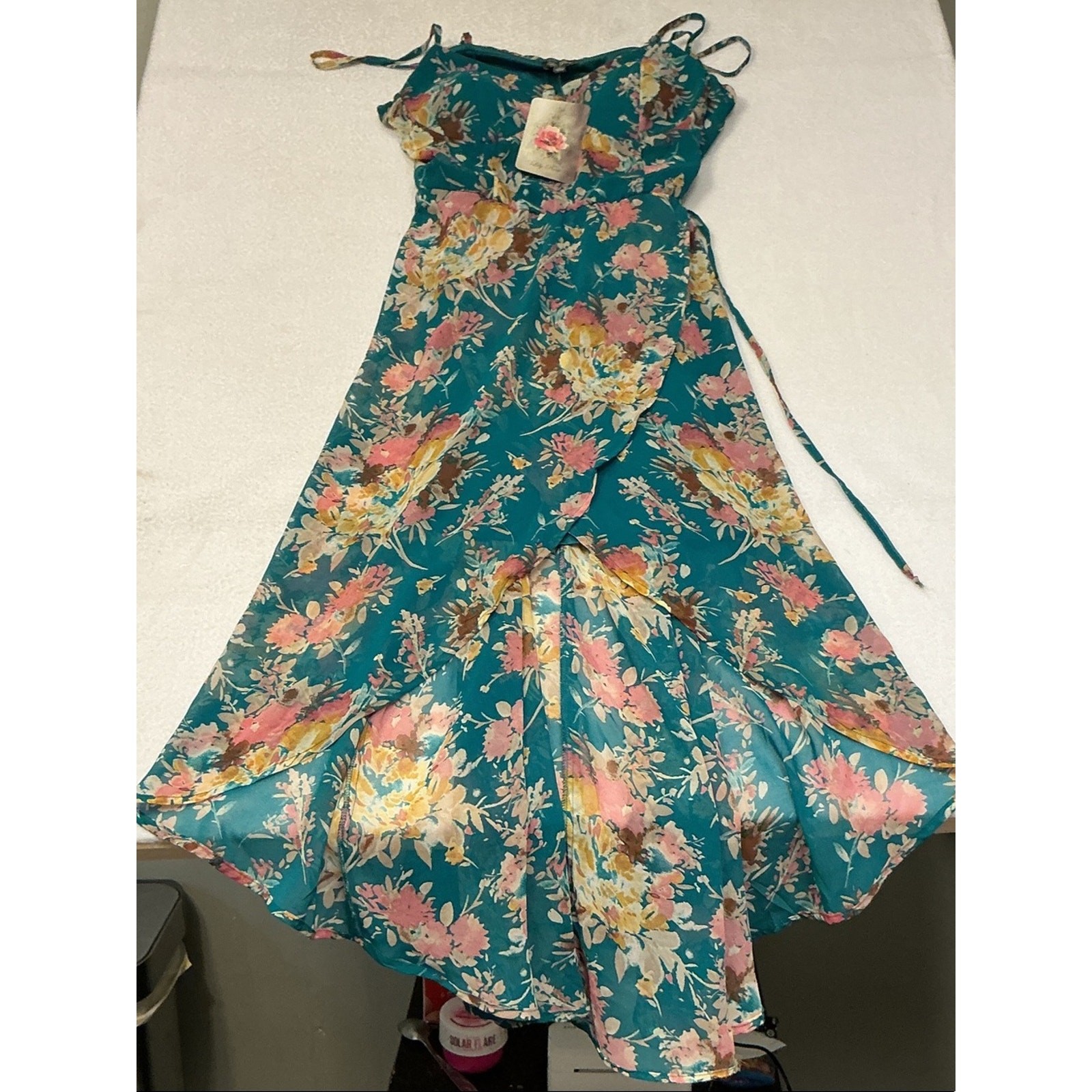 Lily Rose Teal Floral High-Low Dress with Pink and Yellow Blooms Sz L 3138
