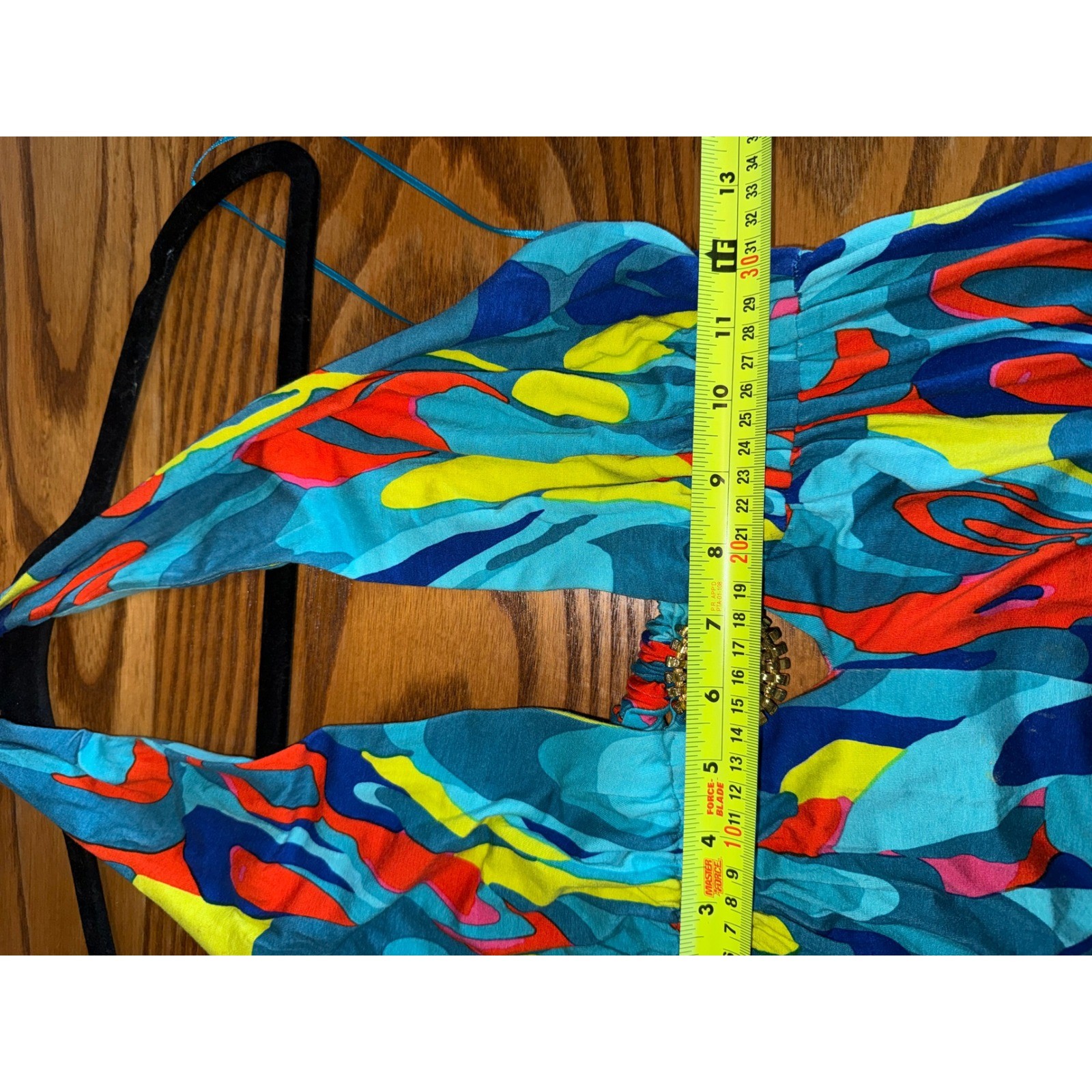 Trina Turk Halter Maxi Dress Blue Orange Swirl Print Gold Ring Detail Size 2