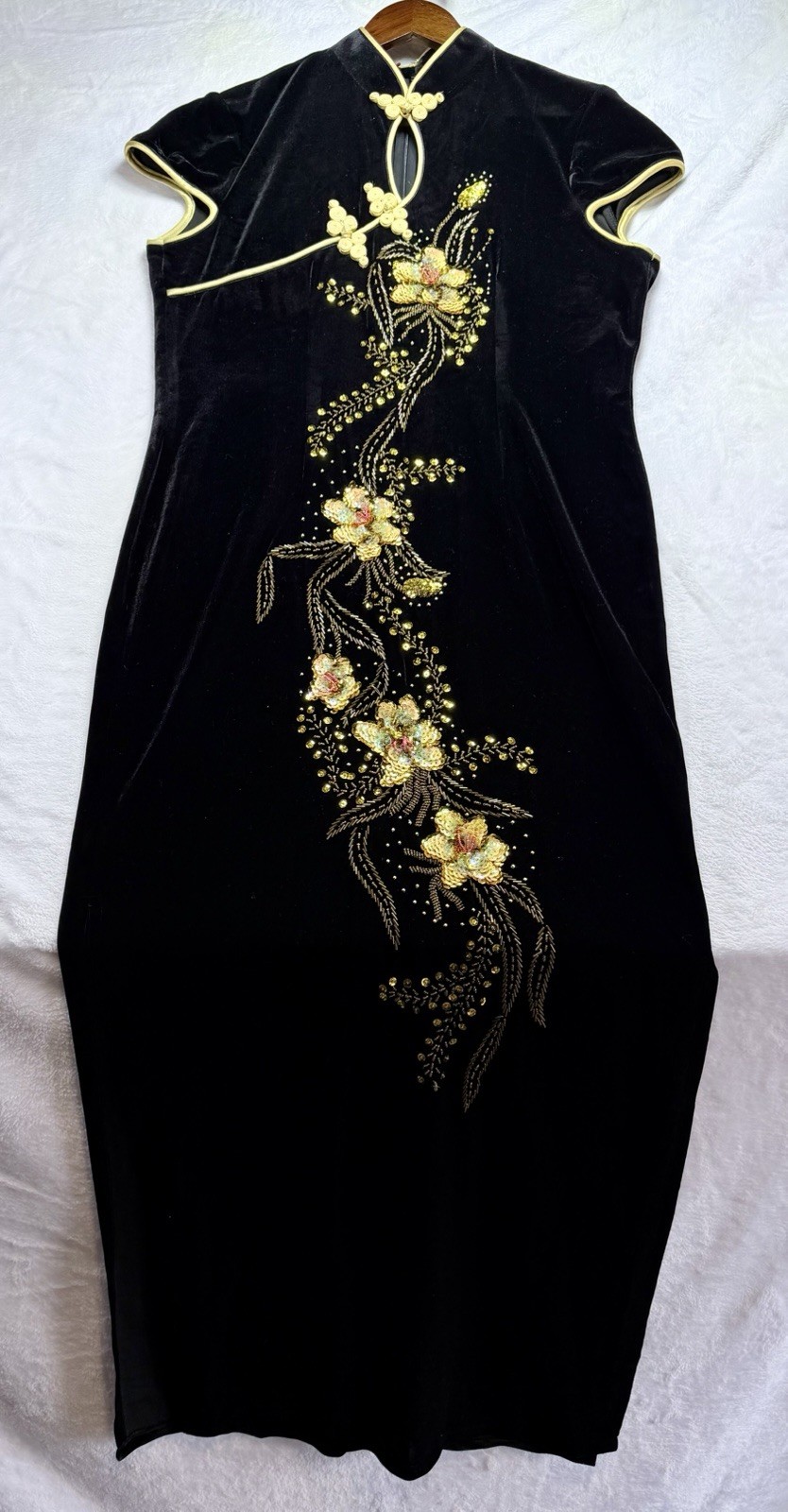 VTG Silver Dragon De Oriental Classic Black Velvet Qipao Maxi Dress Beaded XL