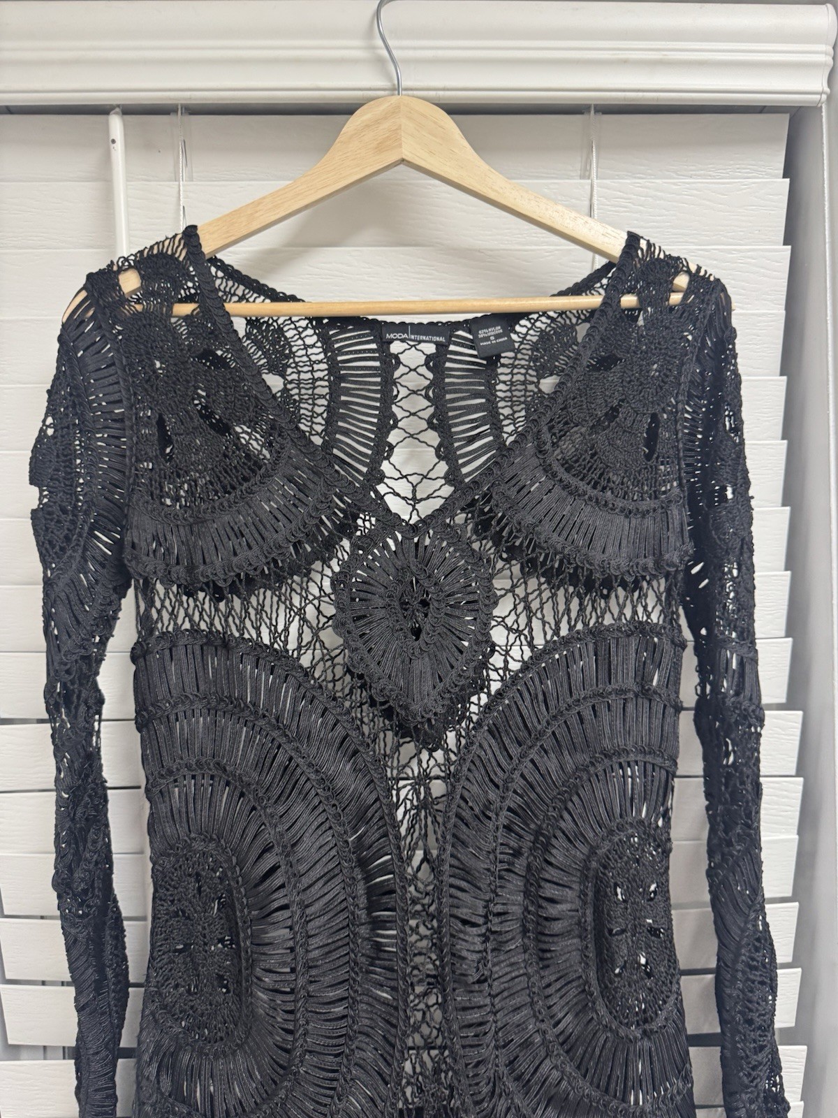 Moda International Black Crochet Mesh Mini Dress Small Boho Hippie Swim Cover Up