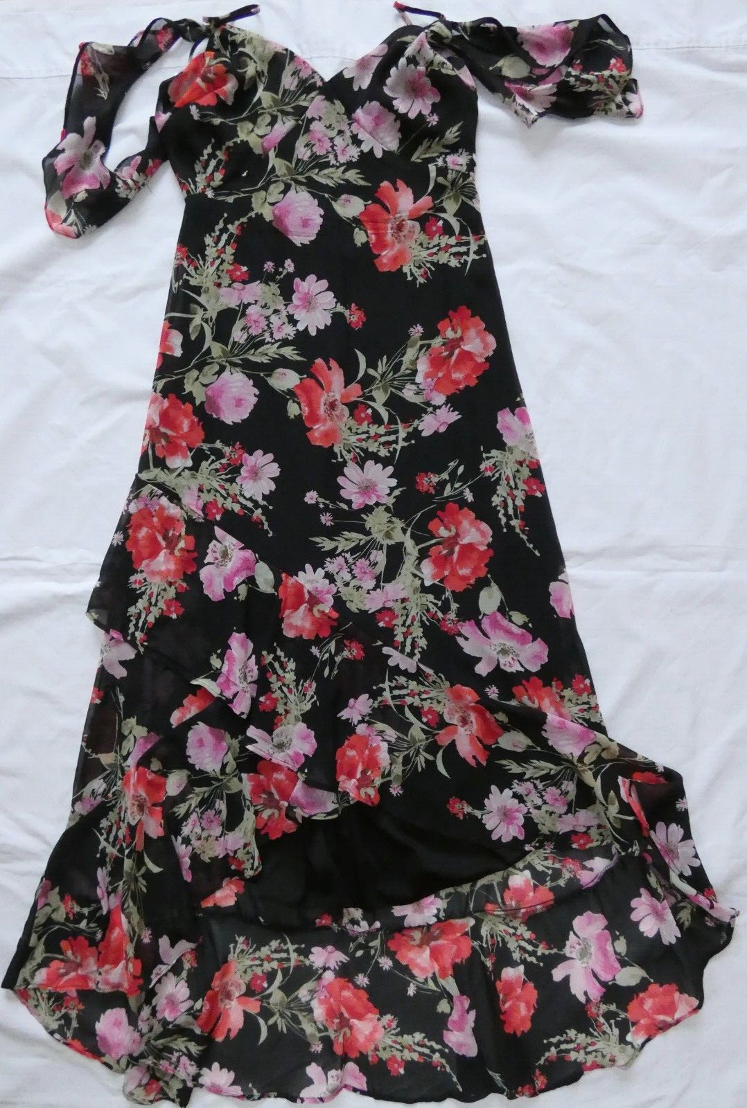 Speechless Ruffled Hem High-Low Maxi Cold Shoulder Dress Black Floral NWT size S