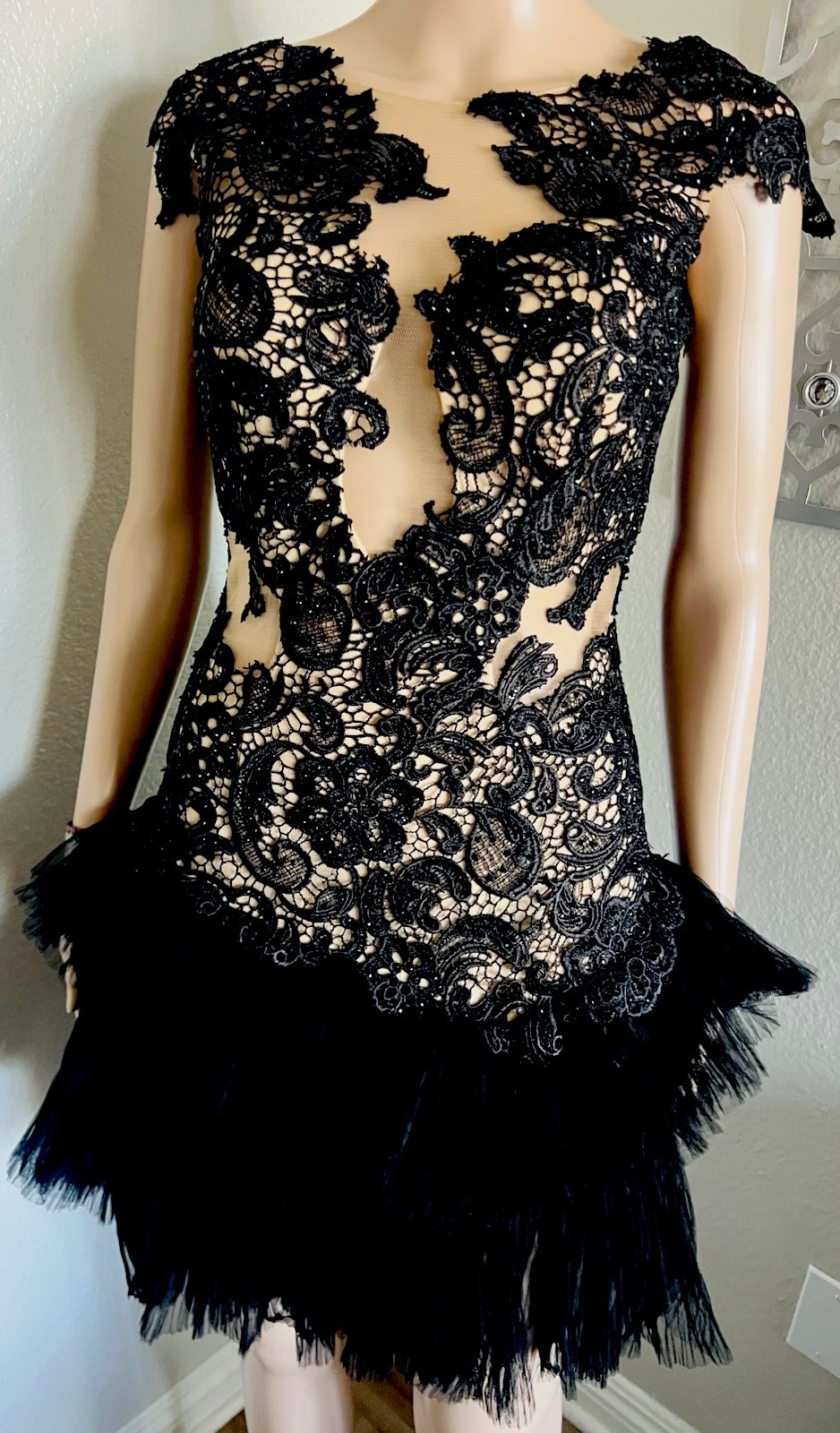 MAC DUGGAL Embellished LACE Cocktail Party Tulle Ruffle Evening Dress sz 4 SMALL