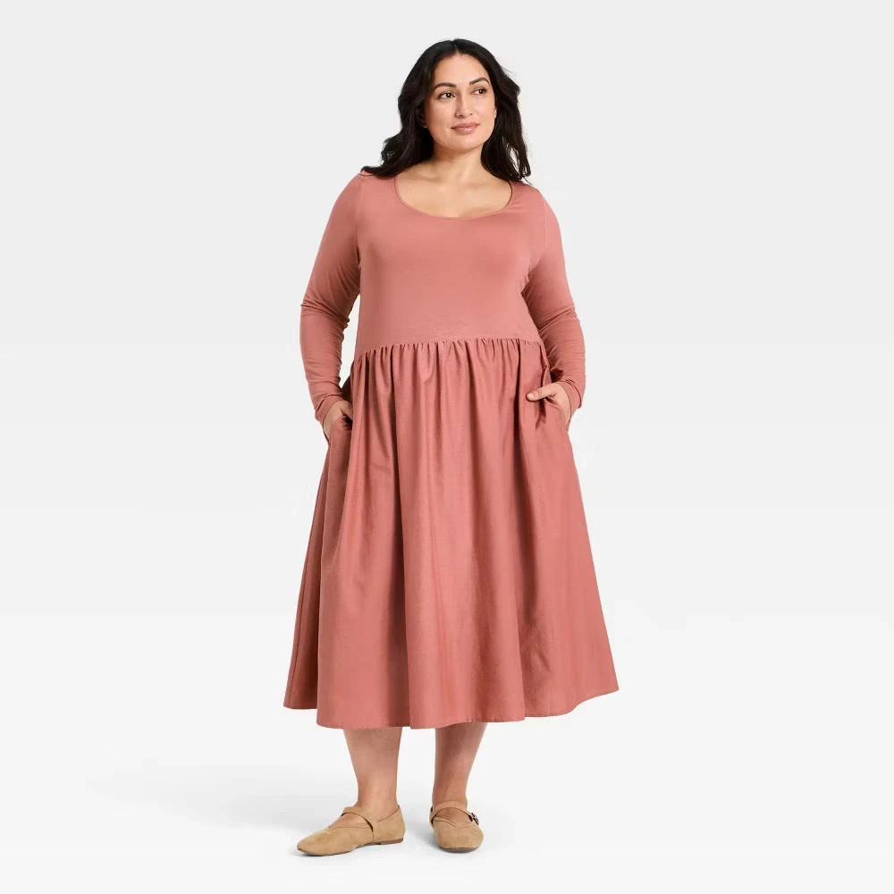 AVA & VIV Women Long Sleeve Knit Midi A-Line Dress Mauve Pink Size 1X