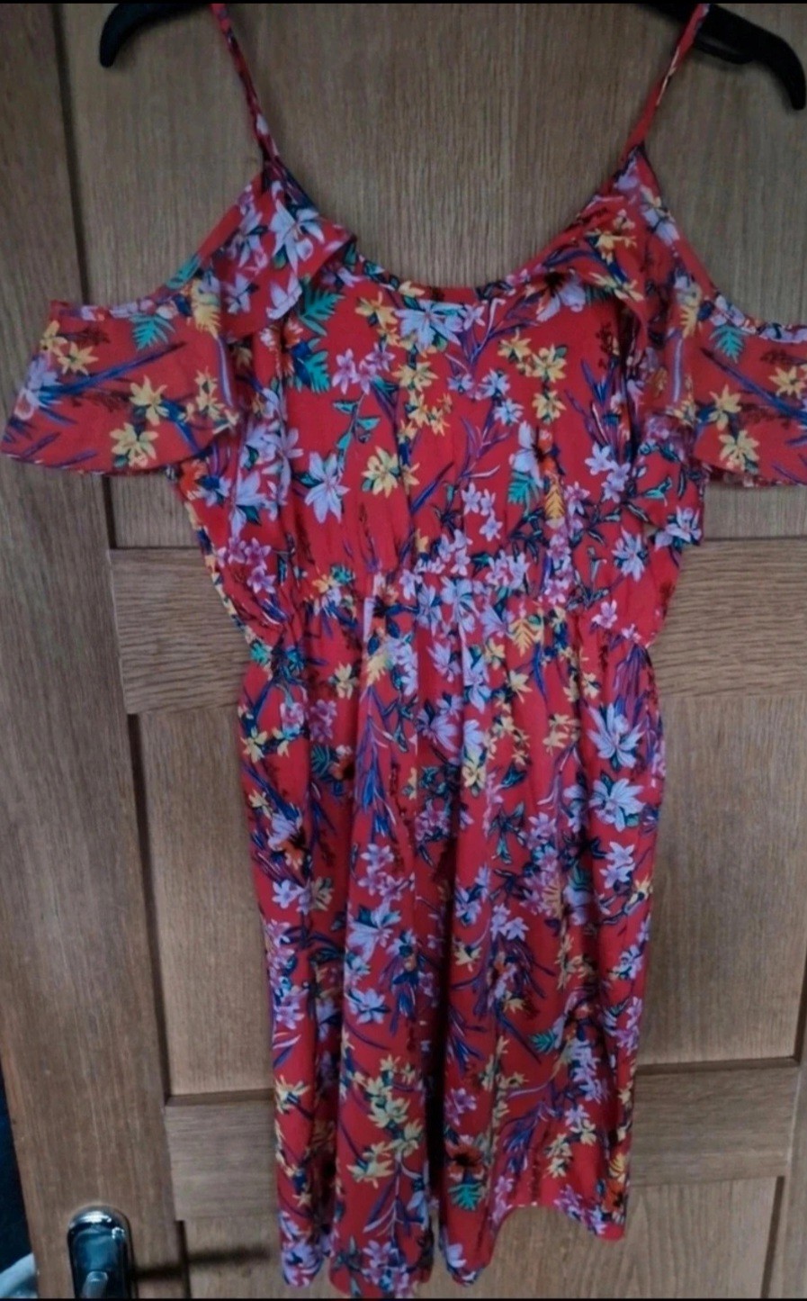 Bold Boho Tropical Ruffle Dress 🌺 Cold Shoulder Bright Floral (UK 8/10)