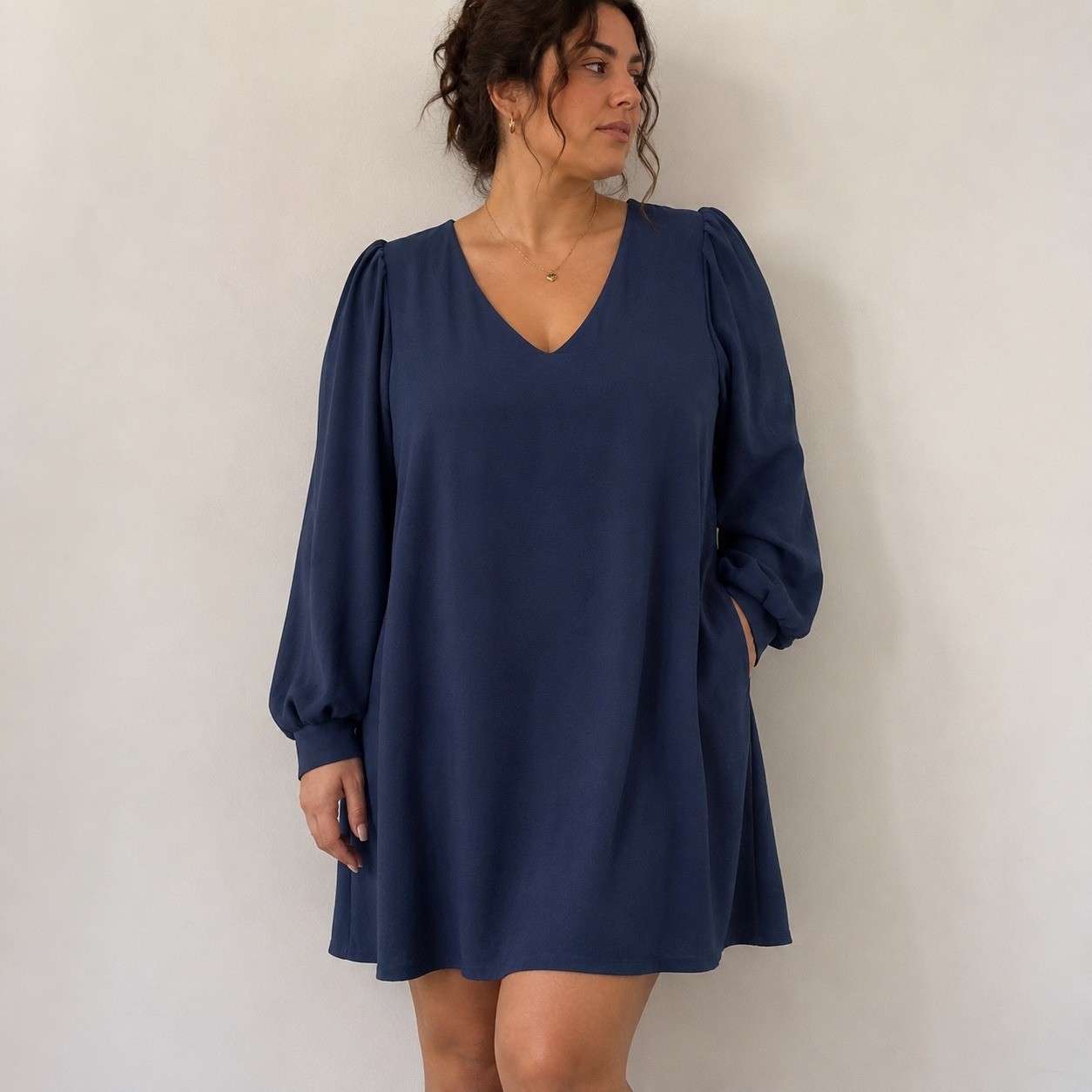 City Chic Navy Blue Dress V-Neck Puff Sleeve Size 24 Minimalist Classic