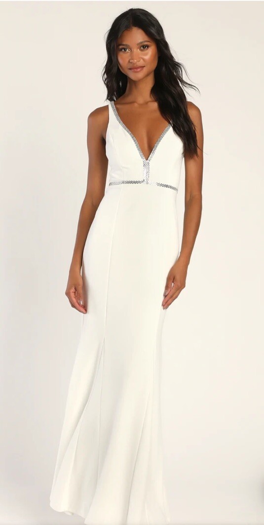 New Lulus Size XS Heart White Rhinestone Mermaid Maxi Sleeveless A-Line Dress