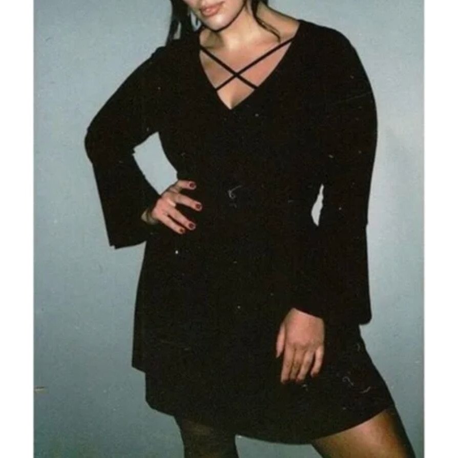 Size 14 Black Criss-Cross Bell Sleeve Skater Dress Day/Evening All-Season Party