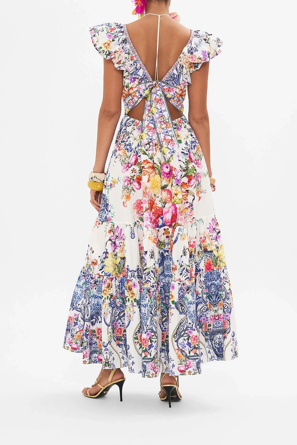 CAMILLA “Dutch Is Life” Tiered Frill Cotton V-Neck Open Back Maxi Dress, L $899