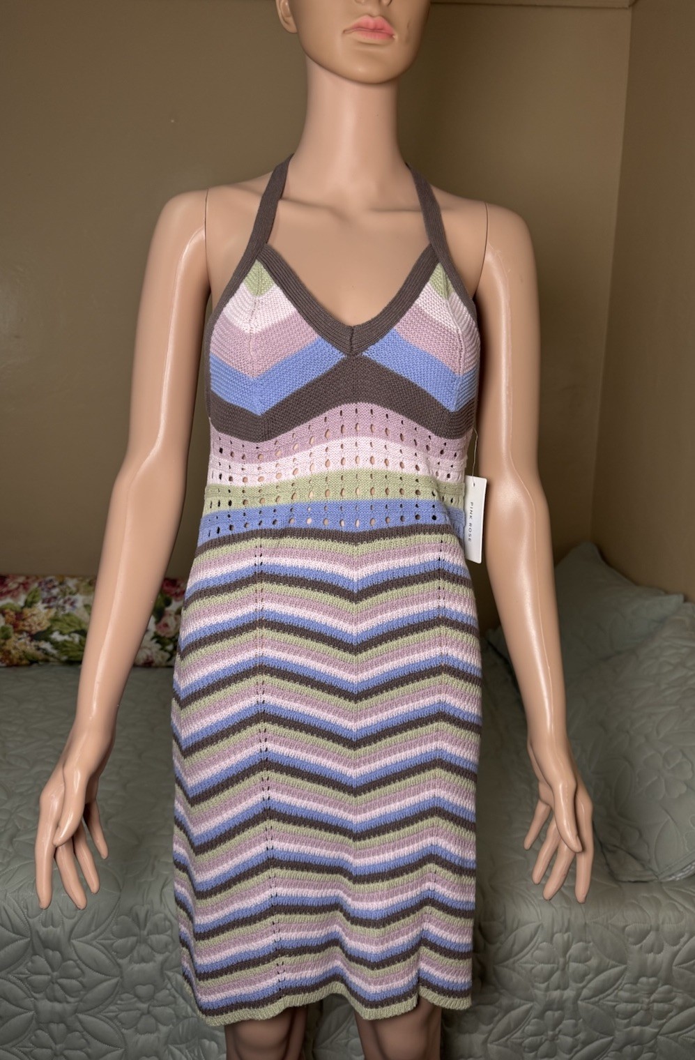 Pink Rose Multicolor Chevron Knit V-Neck Backless Tie Halter Knee Dress M
