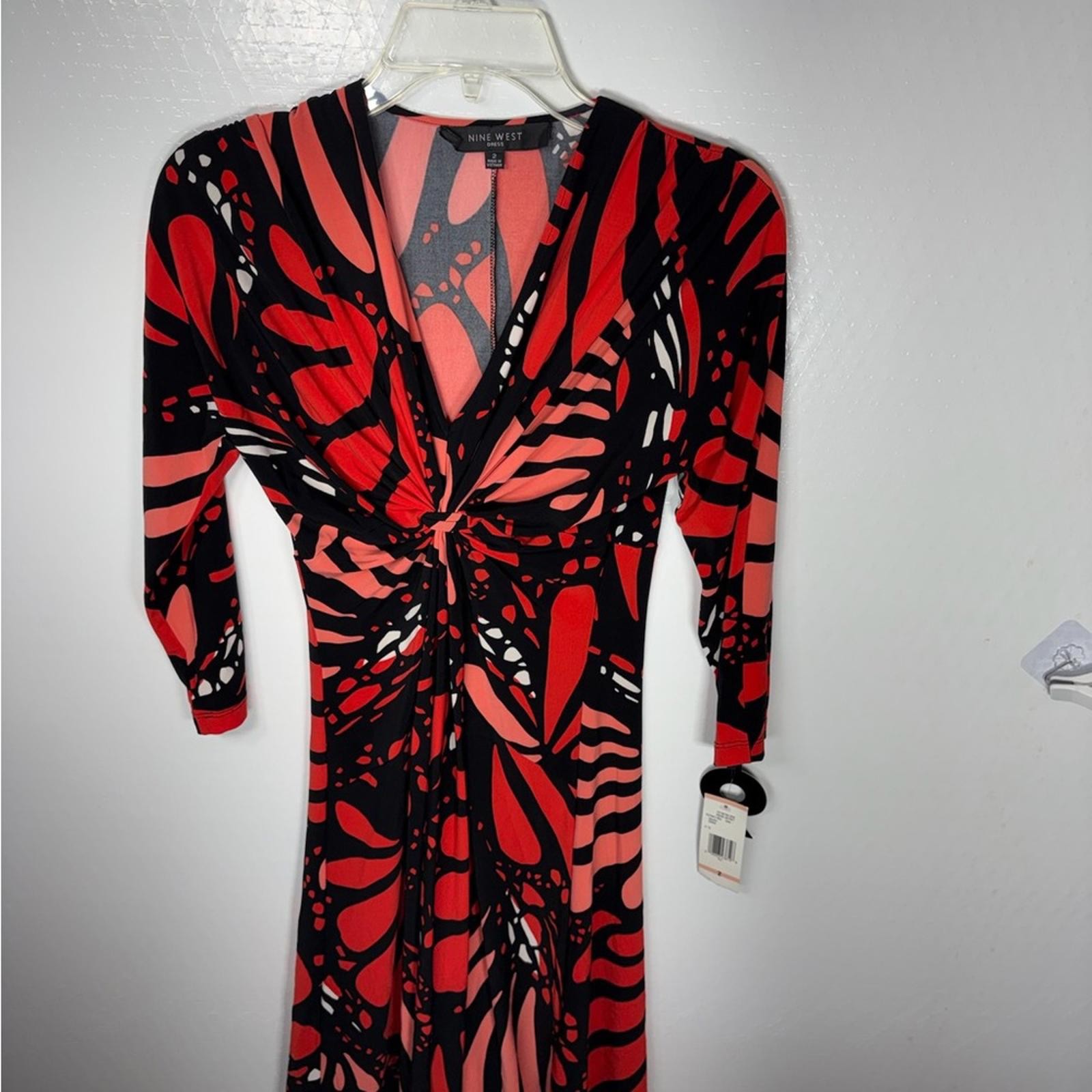 Nine West Vibrant Red and Black Long Sleeve Dress 450