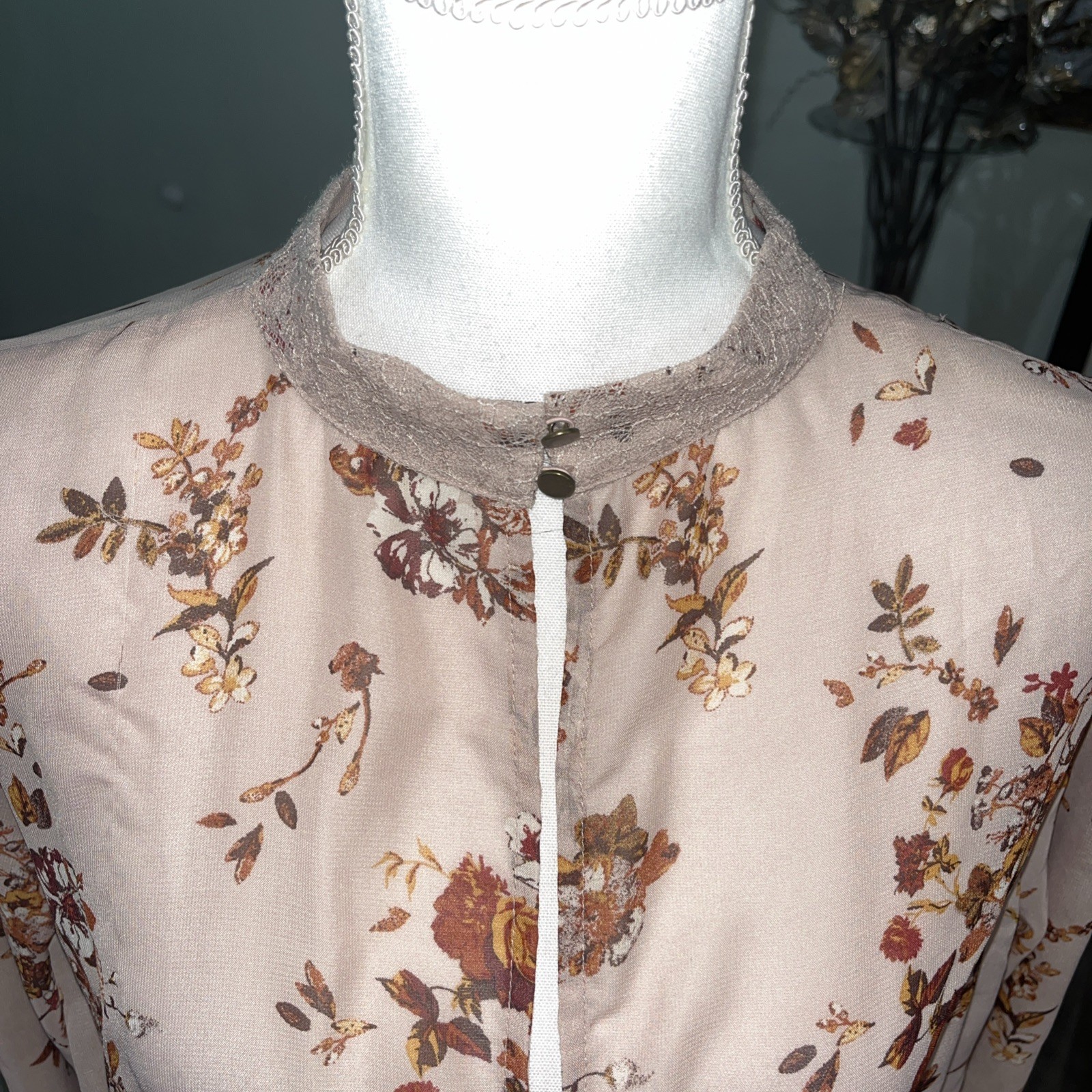 Bohemian Pink Floral Sheer Illusion Overlay Dress Cottage Core High Neck Sz L