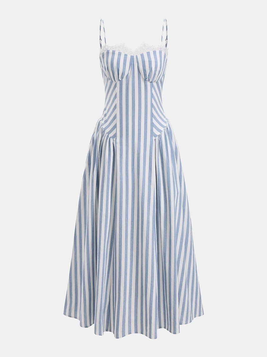 Commense Lace Trim Striped Cotton Cami Maxi Dress Size M $59