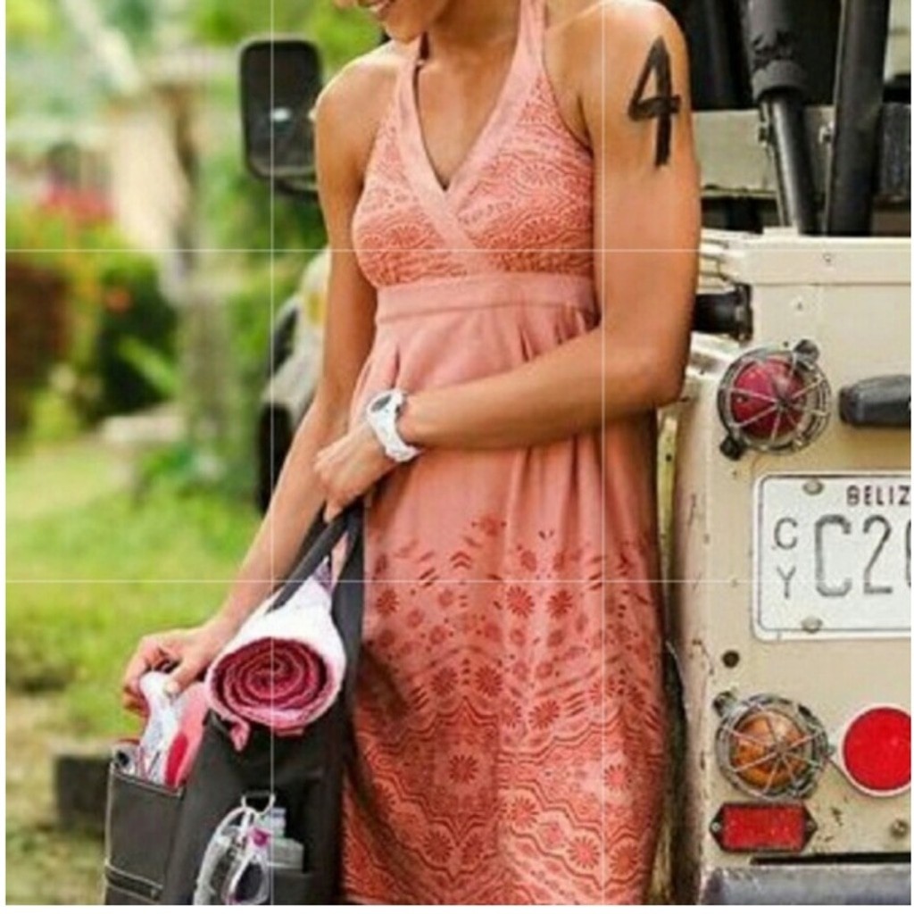 Athleta Bohemian Halter Peach Orange Pinkish Cotton blend Jersey Dress Sz Medium