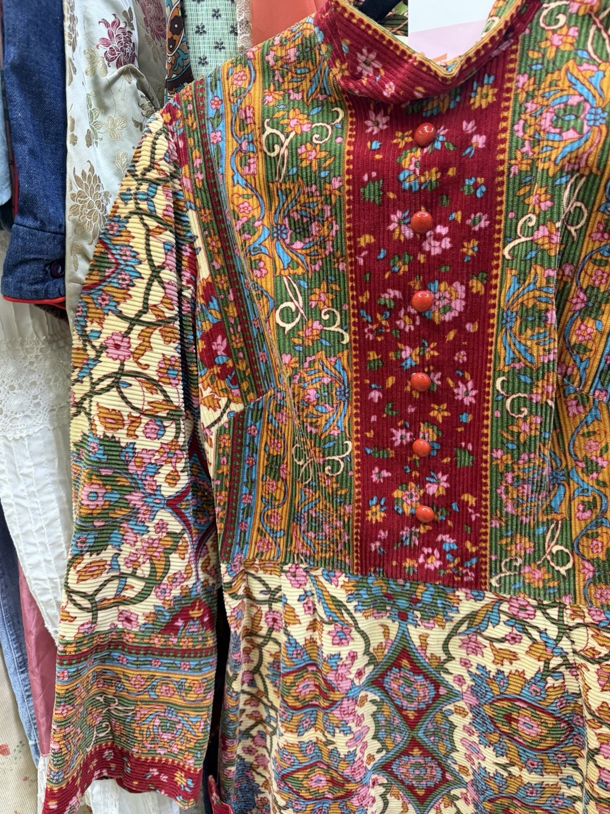 Vintage Women’s Multicolor Floral Overall Dress S/M Knee Length High Neck