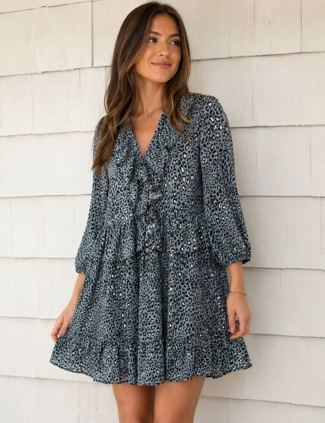 Zara Blue Gray Leopard Print Ruffle Mini Dress Women’s XS Long Sleeve Tiered