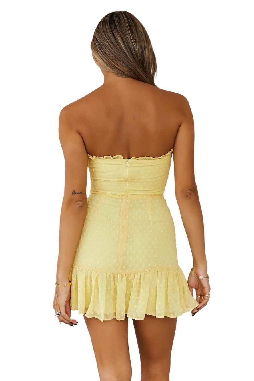 Hello Molly Face On Magazines Strapless Yellow Mini Dress Ruffle Hem Ruching