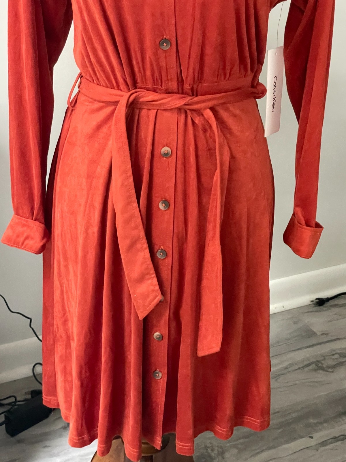 NWT Calvin Klein burnt orange/rust suede style collared dress w/belt, sz 6