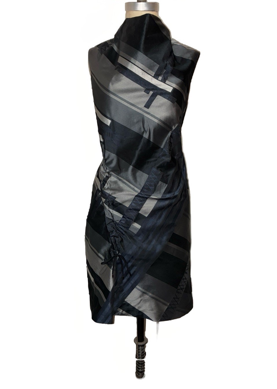 Marithe Francois Girbaud Dress FR 42 US 10 Gray Plaid Taffeta Ruched Avant Garde