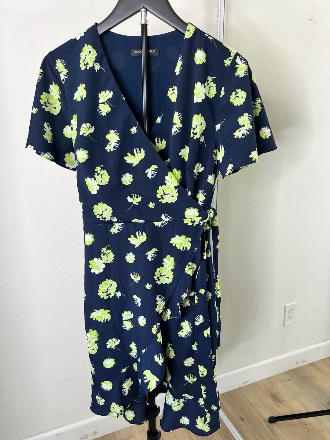Banana Republic Navy Blue Floral Print Ruffle Wrap Dress