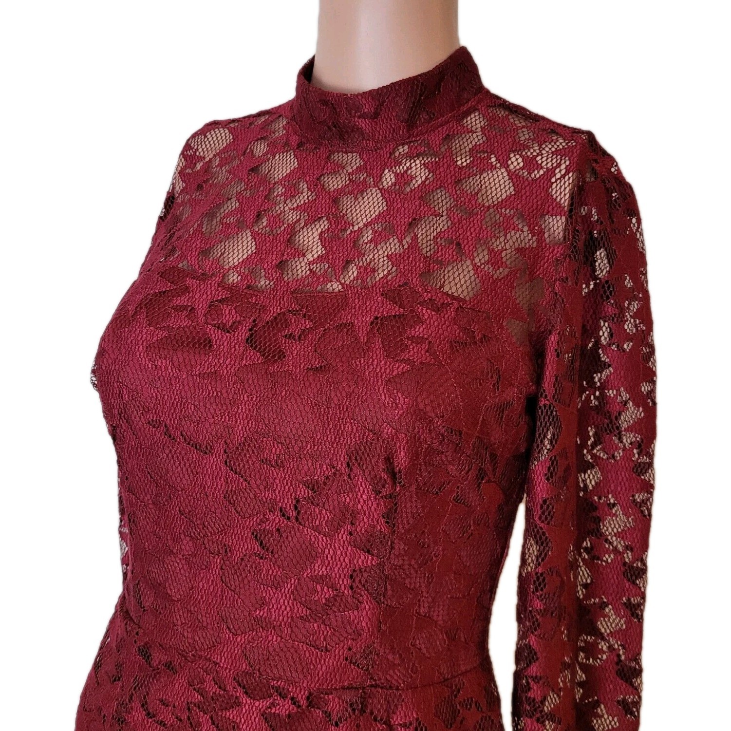 Betsey Johnson Mini Dress Womens 2 Star Lace Red Sheer Overlay sheer long sleeve