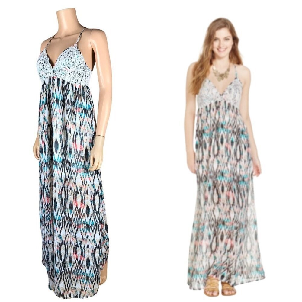 Belle Du Jour Juniors’ Multi-Color Printed Crochet-Trim Maxi Dress NWT Medium