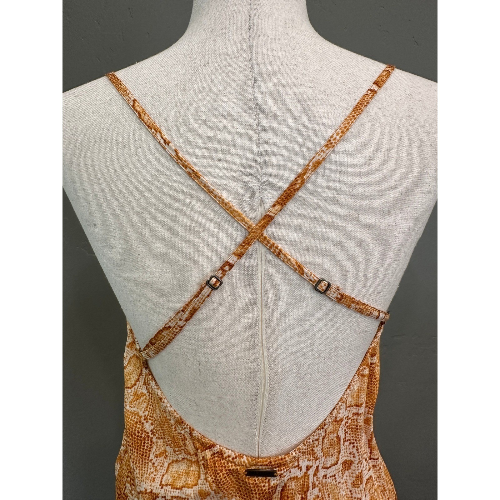 Billabong Snakeskin Print Mini Dress Criss Cross Back Small Yellow Boho Chic