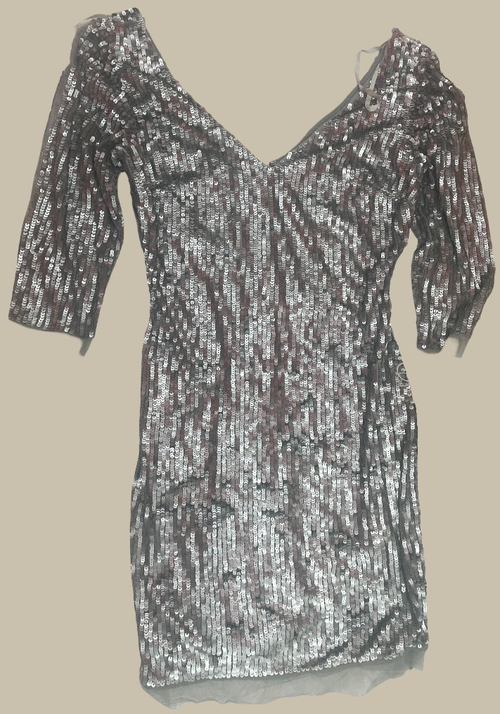 Cassandra Stone Dress Sequins Bare Back Silver, Size 6
