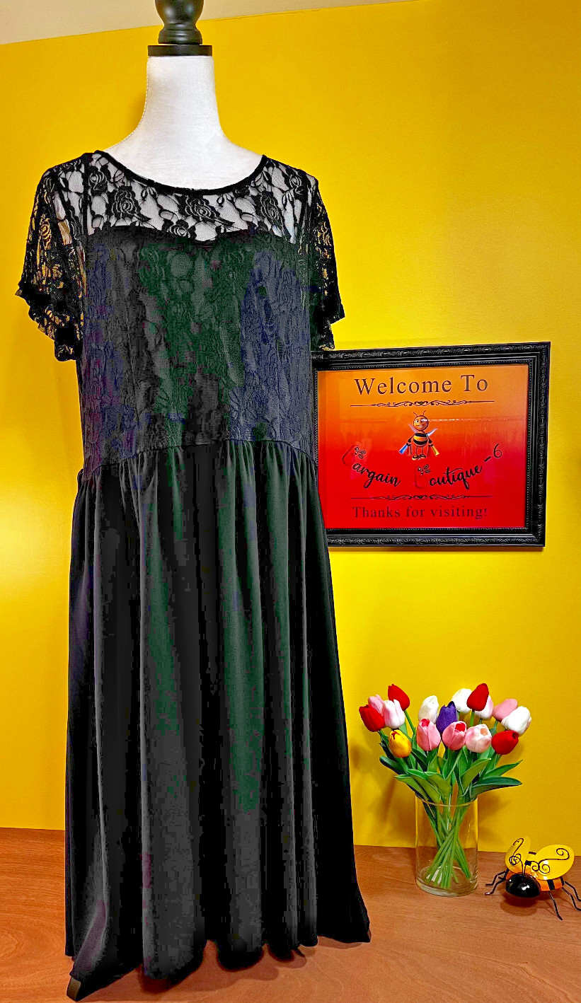 Nemidor, Woman 18, classic rose lace bodice, pleats at empire waist, black dress