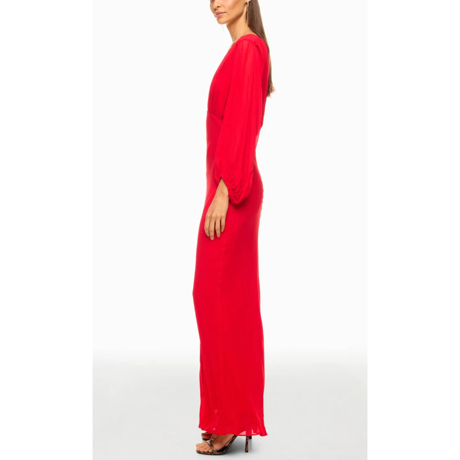 Shona Joy Red Plunging Chiffon Gown SIZE 0 Formal Draped Maxi Dress $440 Flaw