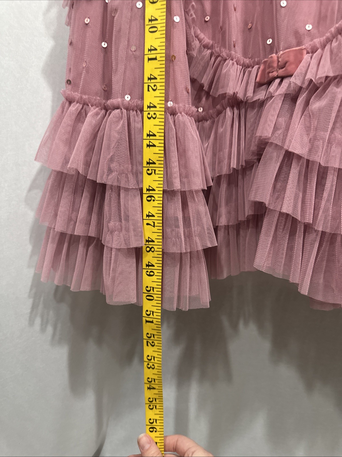 NWT Mac Duggal [ 4 ] 8272 Flutter Sleeve Lattice Bow Mesh Ruffle Mid Dress J2403