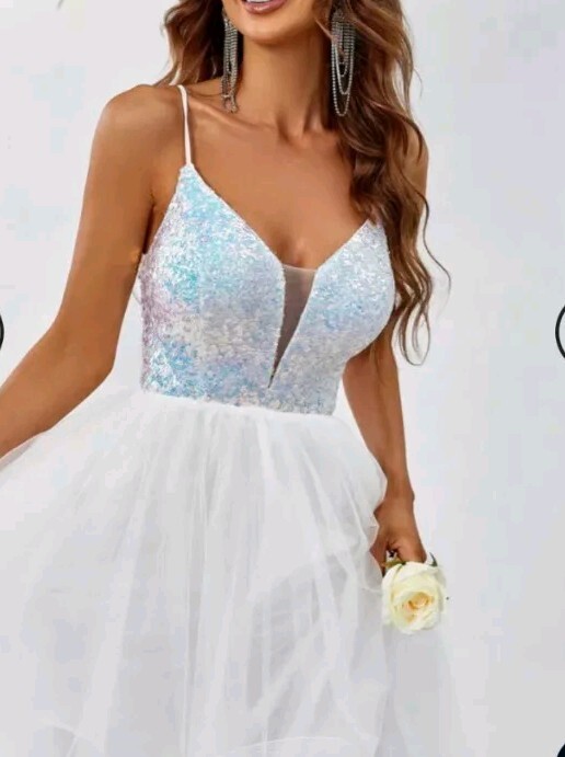 FAERIESTY womens white sequin embellished lace back ballgown dress size 12 prom
