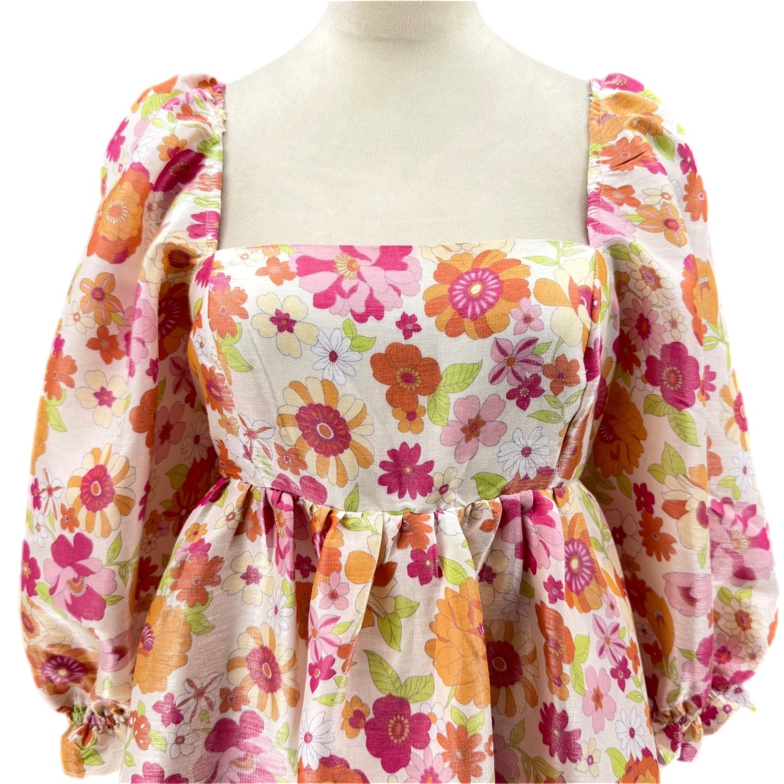 Storia M White Pink Shiny Floral Square Neck Puff 3/4 Sleeve Babydoll Mini Dress