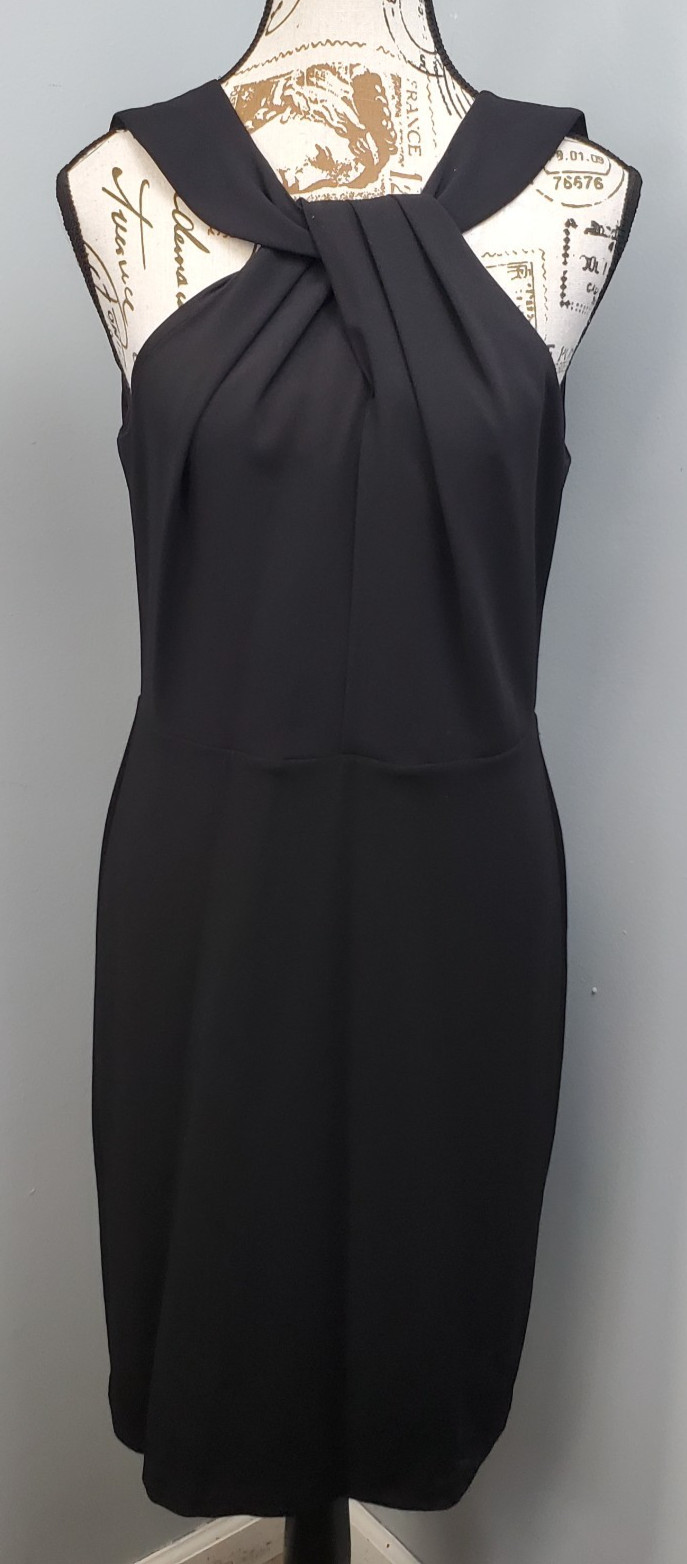 White House Black Market Sheath Dress Womens 8 Black Pleated Draped Halter Neck