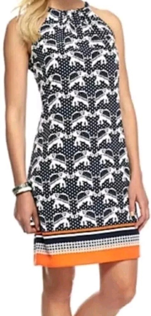 Crown & Ivy Navy Blue White Orange Elephant Striped Sleeveless A-Line Dress Sz M