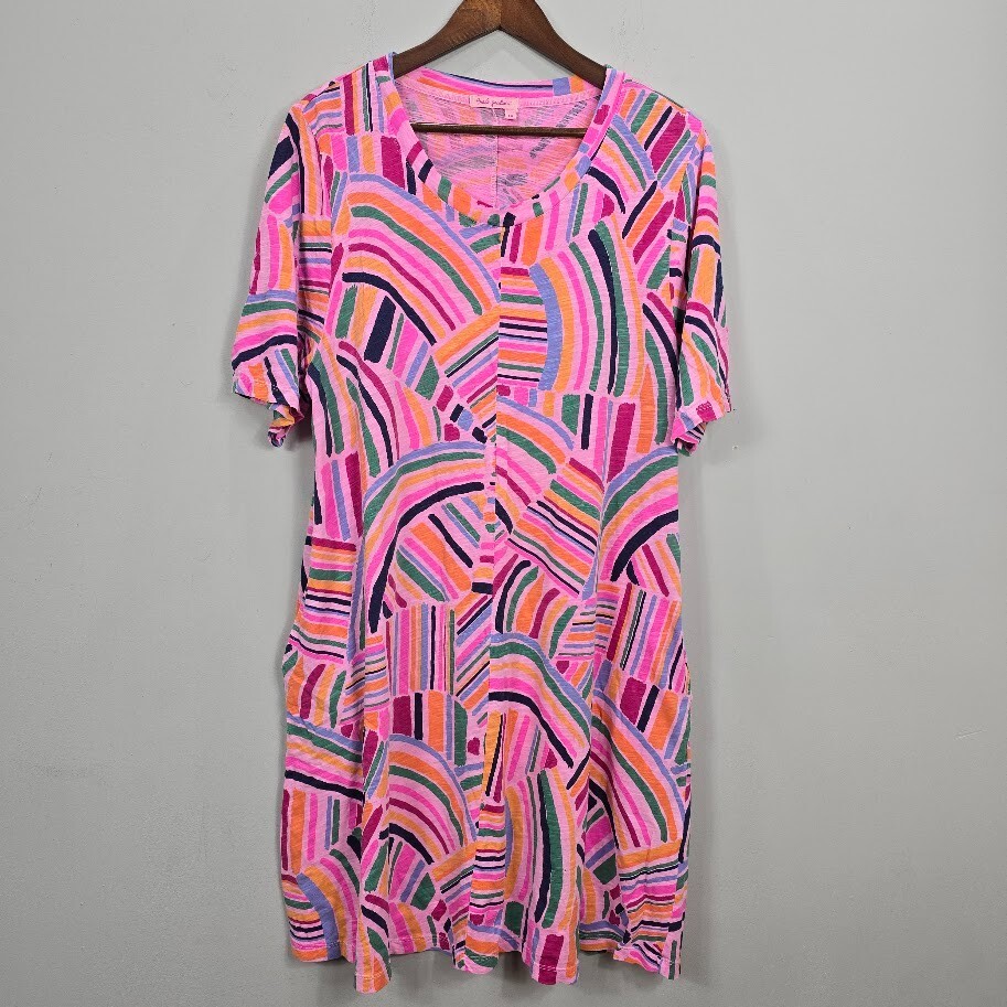 Fresh Produce Shift Dress Women’s 1X Pink Colorful Vacation Resort Beachy Artsy