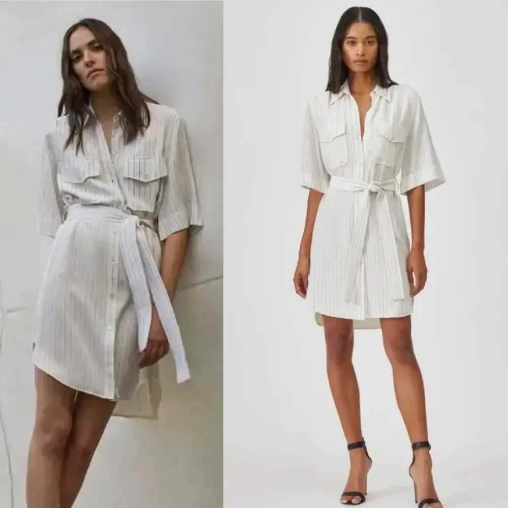 Equipment Amadee Silk Shirt Dress Size Sz XS Small Striped Cream Career Safari
