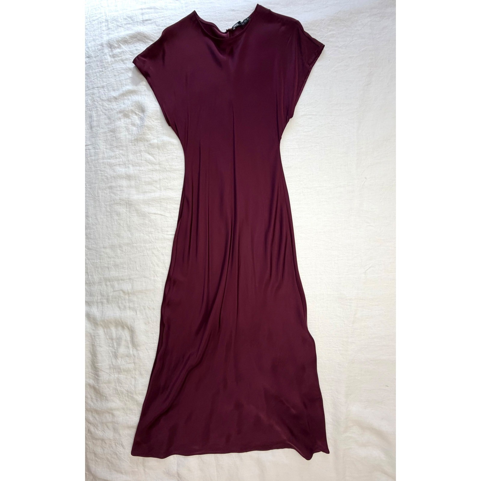 Zara Burgundy Satin Maxi Dress Cap Sleeve NWT Size S Minimalist Plum Wine