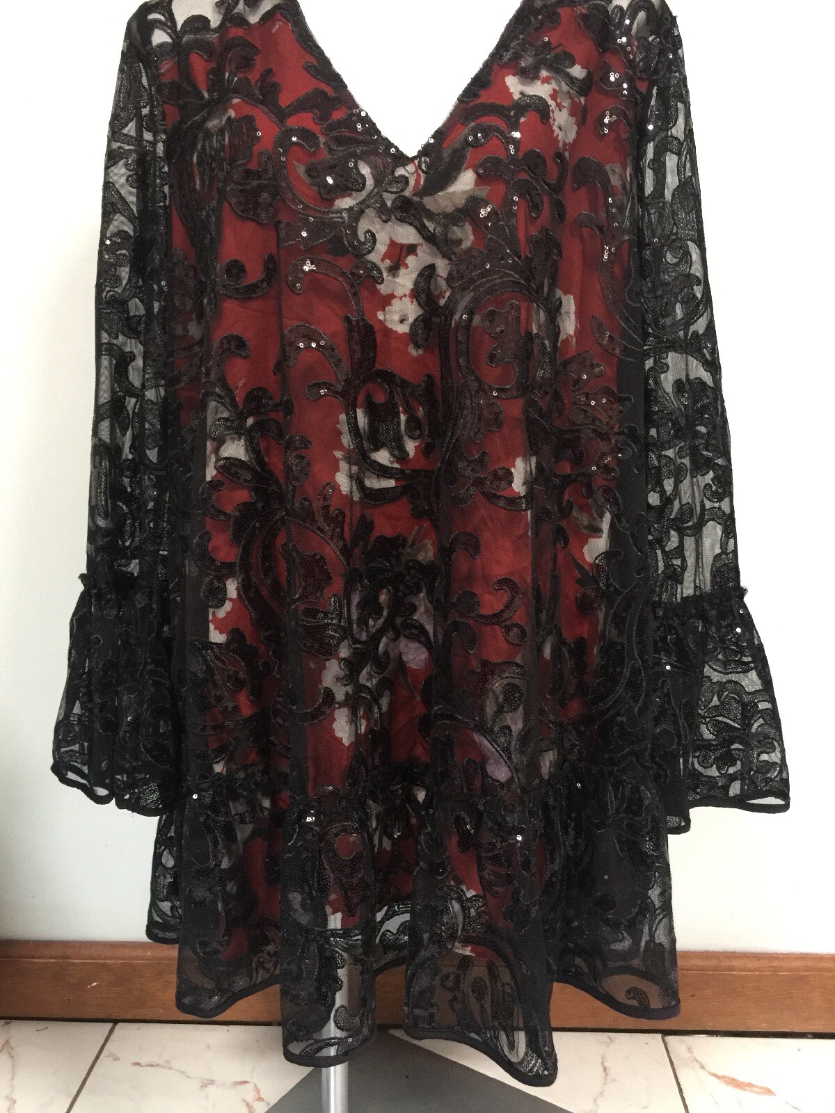 Free People Falling Flowers Frock Mini Dress Red Black Sequins