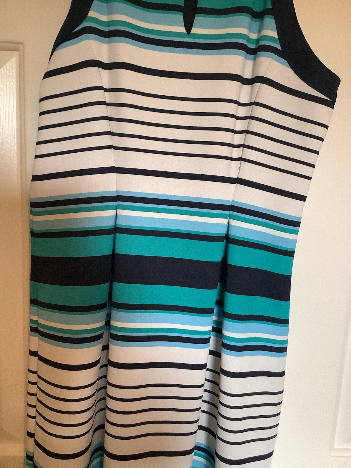 Enfocus Studio Ladies Navy, White, Teal Stripe Sleeveless Dress, Sz 10