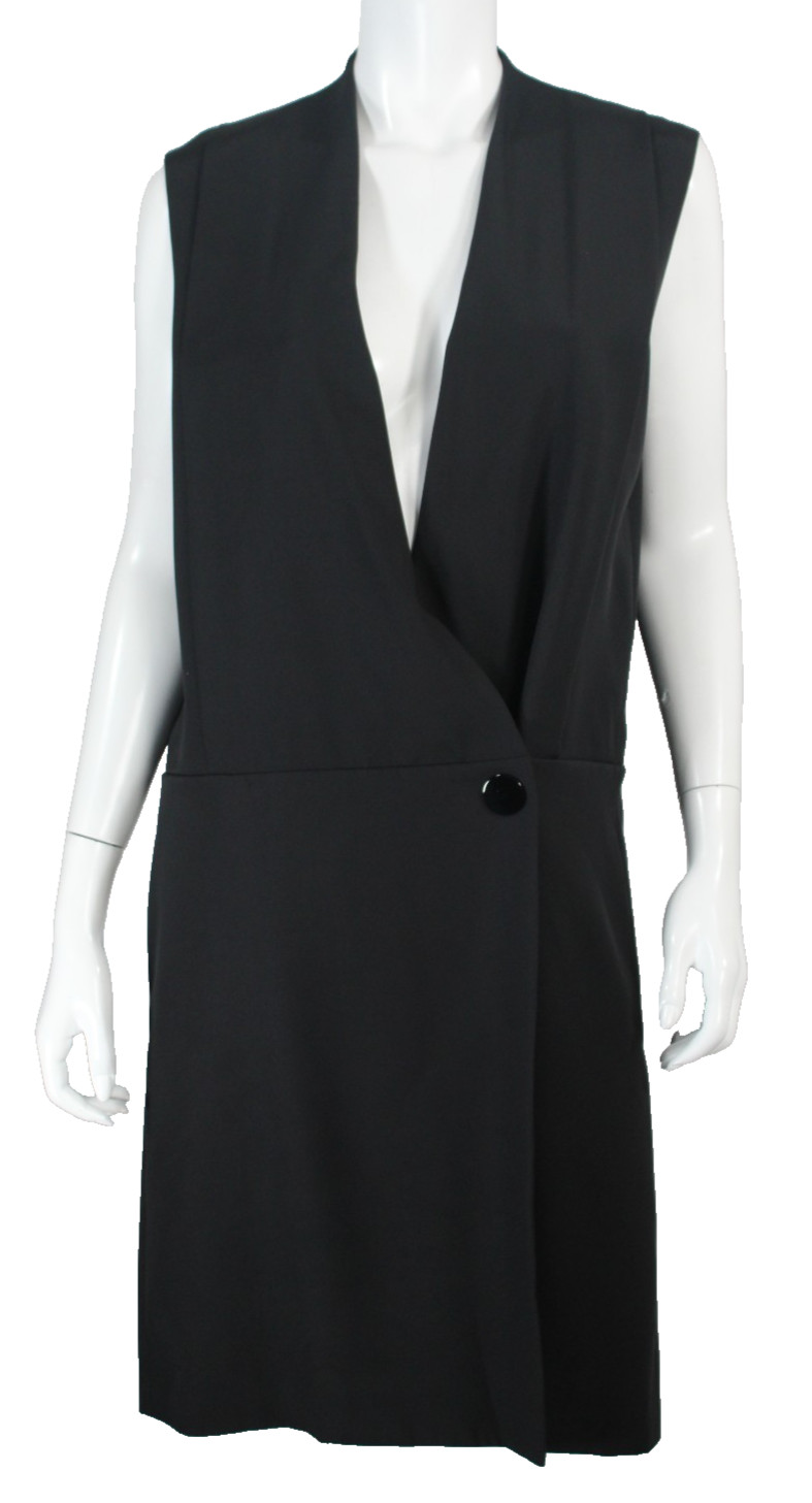 CELINE Black Woven Sateen Knee-Length Surplice V-Neck Wrap Shift Dress 42