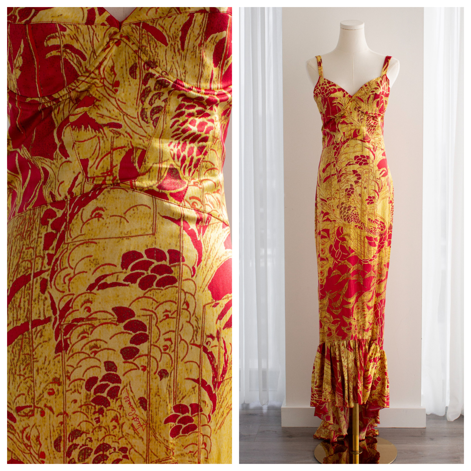 Just Cavalli Red & Gold Silk Oriental Japanese Print Maxi Dress