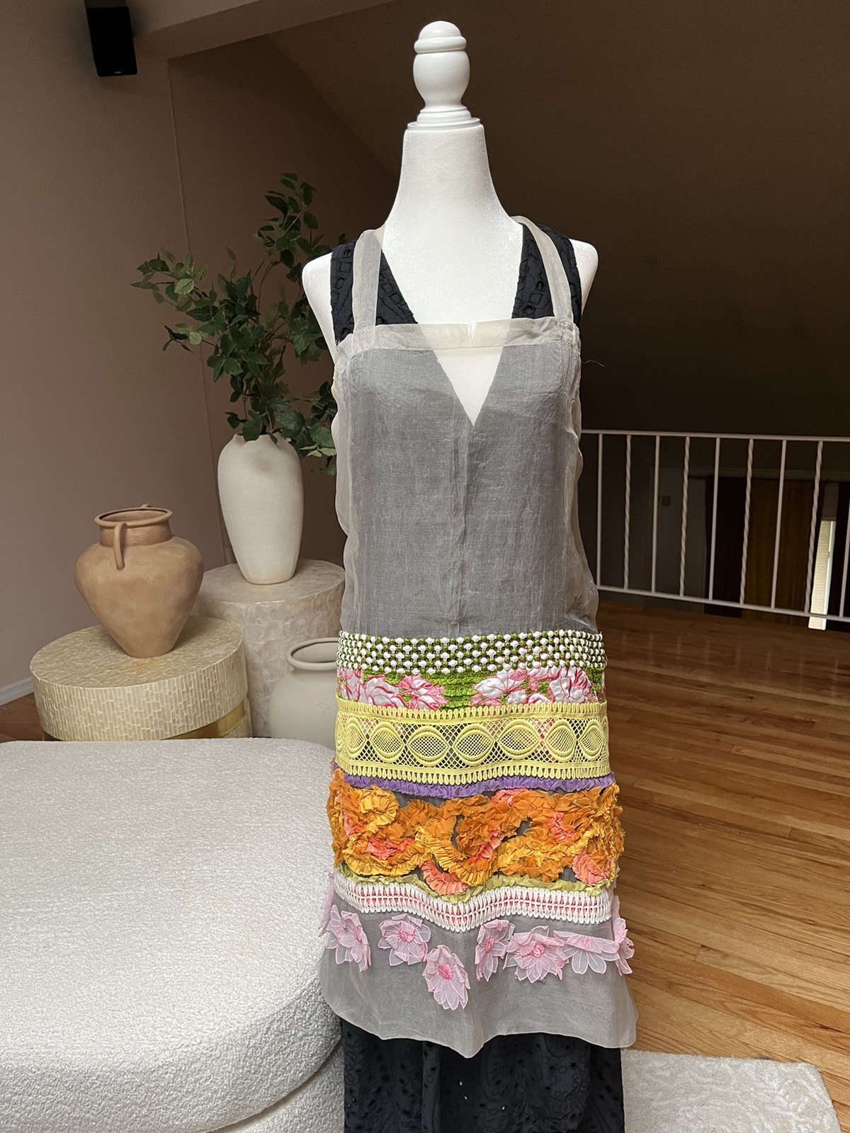 DOSA One Size 100% Cotton Sheer Embellished Apron Overlay Artisan Bohemian layer