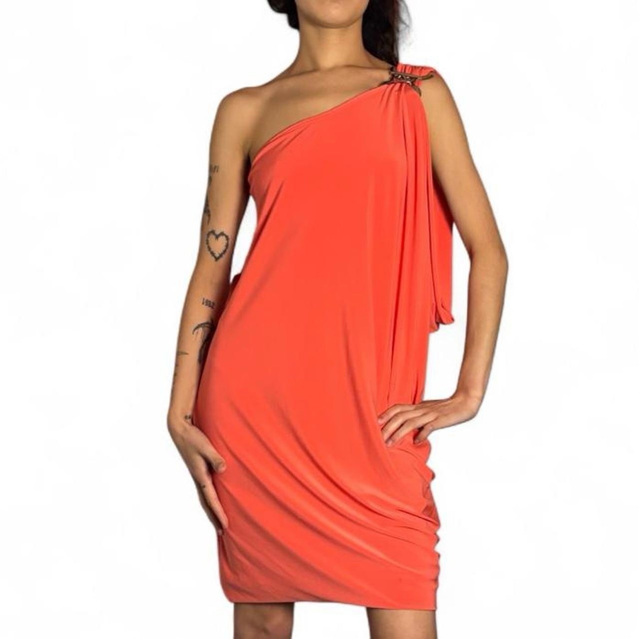 Cache One Shoulder Draped Coral Dress W Buckle Detail Size Small