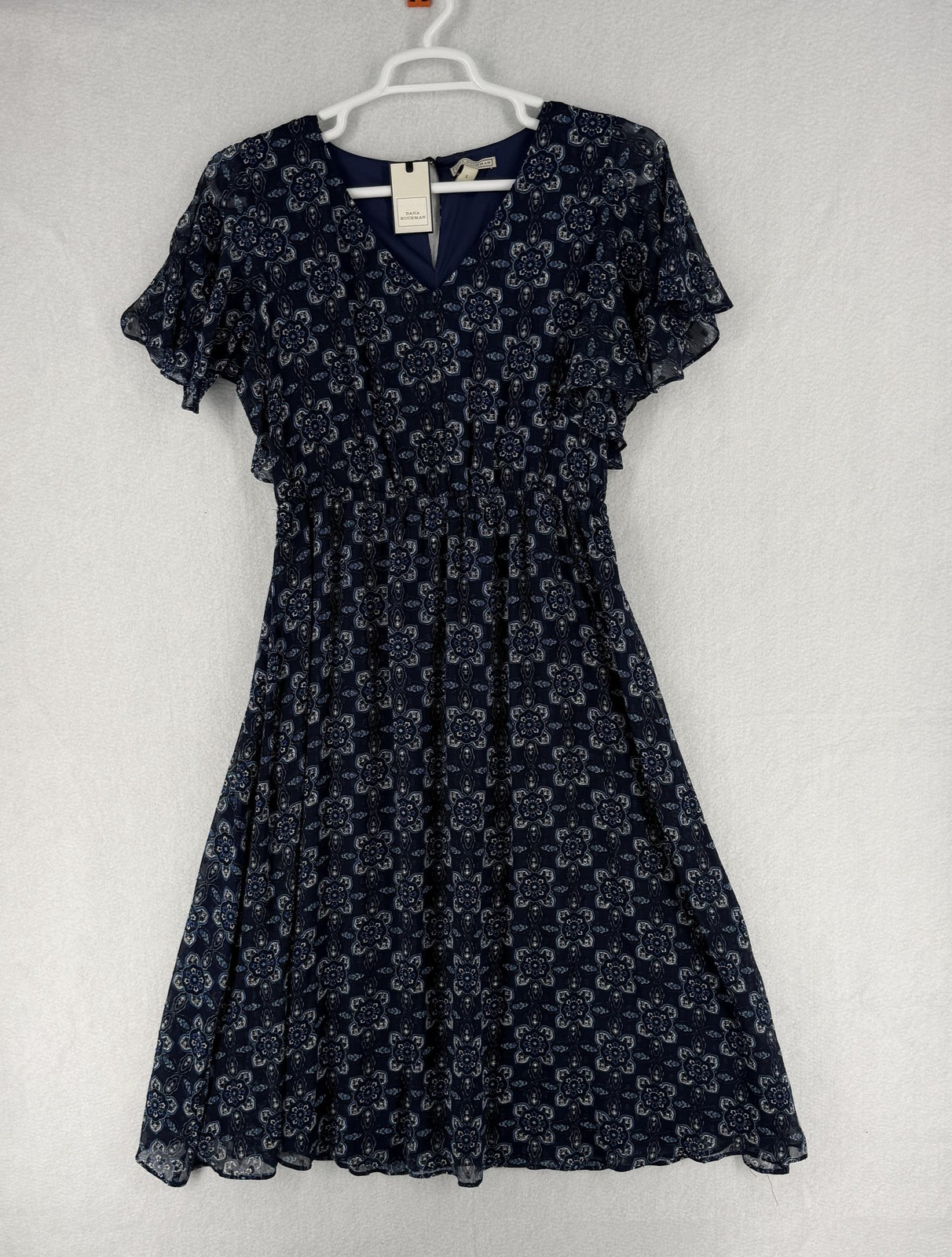 Dana Buchman Dress Womens Large Navy Poised Paisleys Flutter Sleeve V Neck Midi