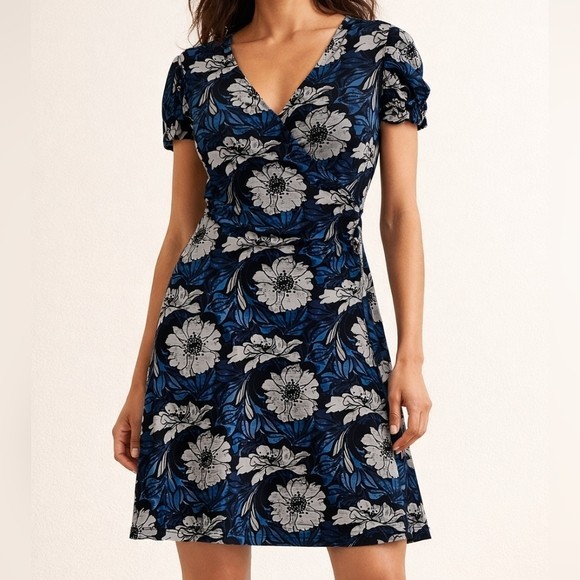 Blue Gray & Black Floral V-Neck Short Sleeve Belted Women’s A-line Dress