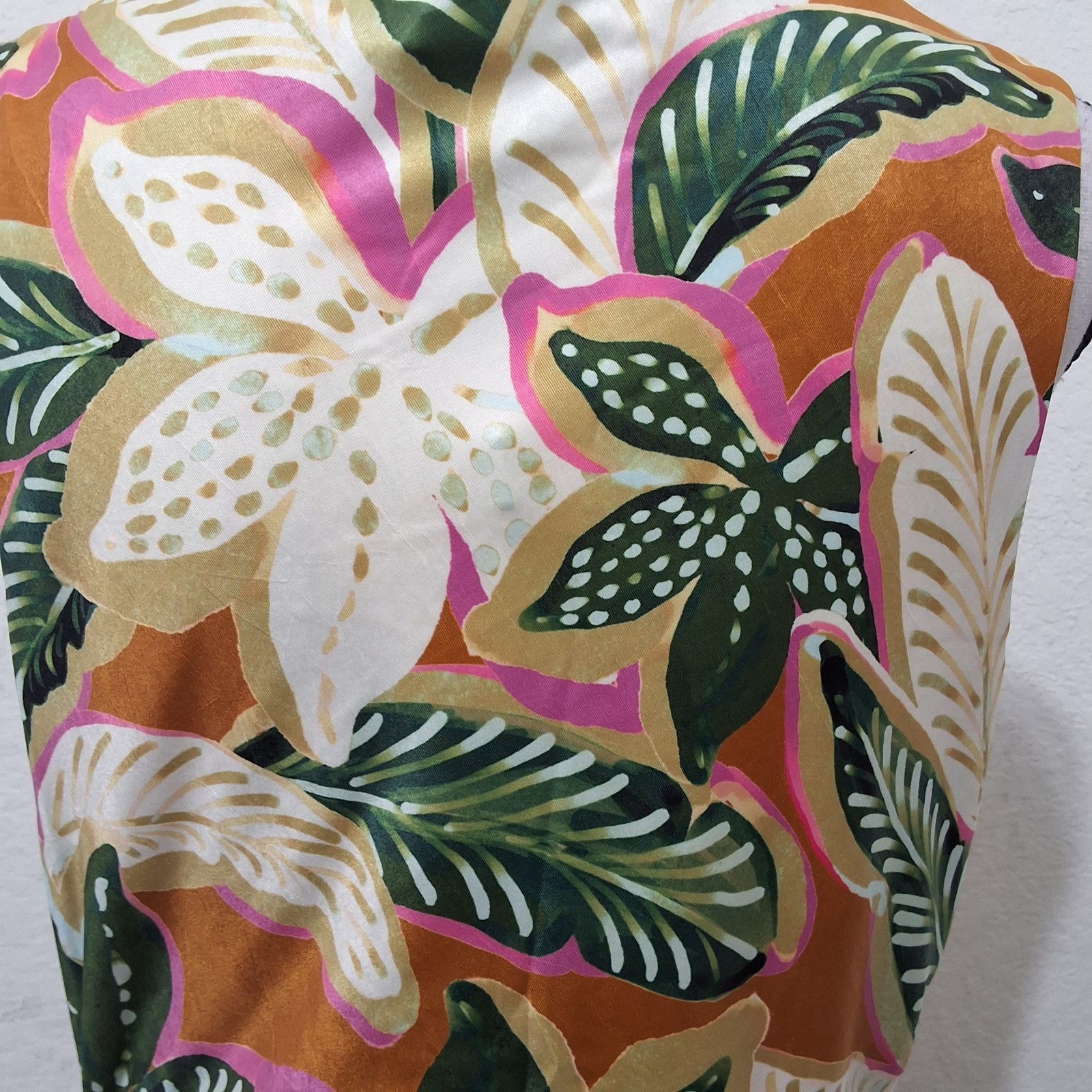 Significant Other Freda Palm Print Midi Dress Cowl Neck Ruched Bodice Sz 10