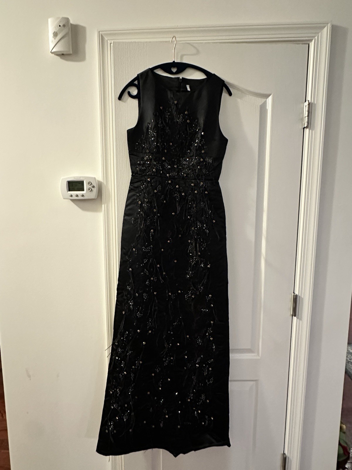 Black Satin Ostrich Feather Sleeveless Evening Gown – Elegant
