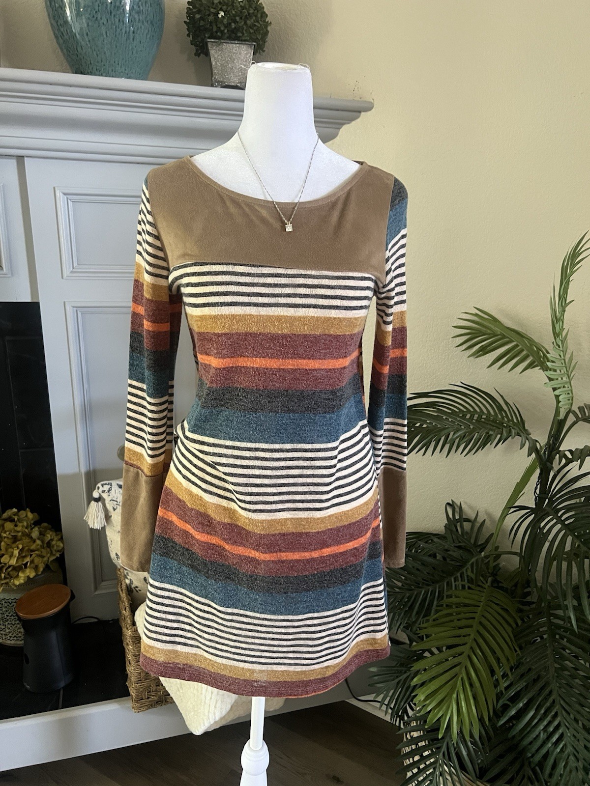 Wanna B Coastal Country Striped Long-Sleeve Knit Dress in Brown and Teal